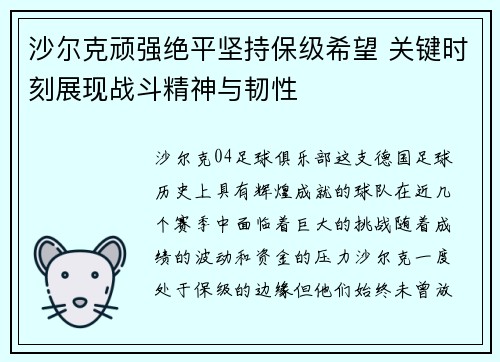 沙尔克顽强绝平坚持保级希望 关键时刻展现战斗精神与韧性