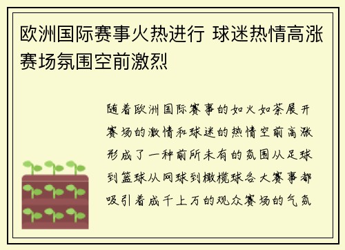 欧洲国际赛事火热进行 球迷热情高涨赛场氛围空前激烈