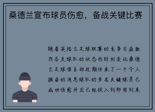桑德兰宣布球员伤愈，备战关键比赛