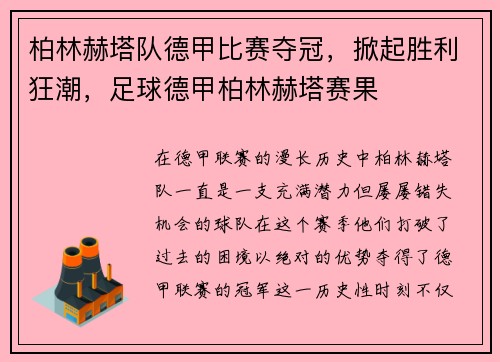 柏林赫塔队德甲比赛夺冠，掀起胜利狂潮，足球德甲柏林赫塔赛果