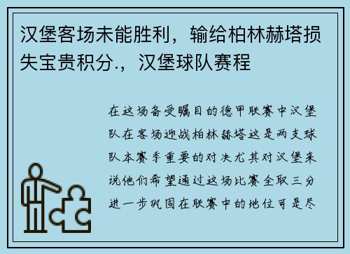 汉堡客场未能胜利，输给柏林赫塔损失宝贵积分.，汉堡球队赛程