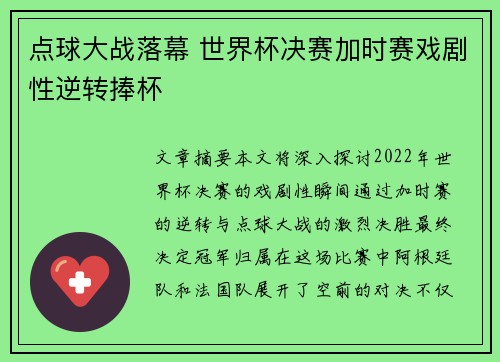 点球大战落幕 世界杯决赛加时赛戏剧性逆转捧杯
