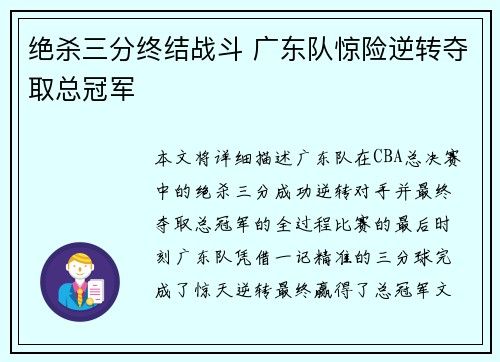 绝杀三分终结战斗 广东队惊险逆转夺取总冠军