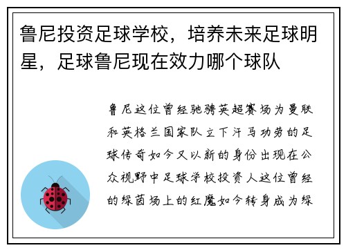 鲁尼投资足球学校，培养未来足球明星，足球鲁尼现在效力哪个球队